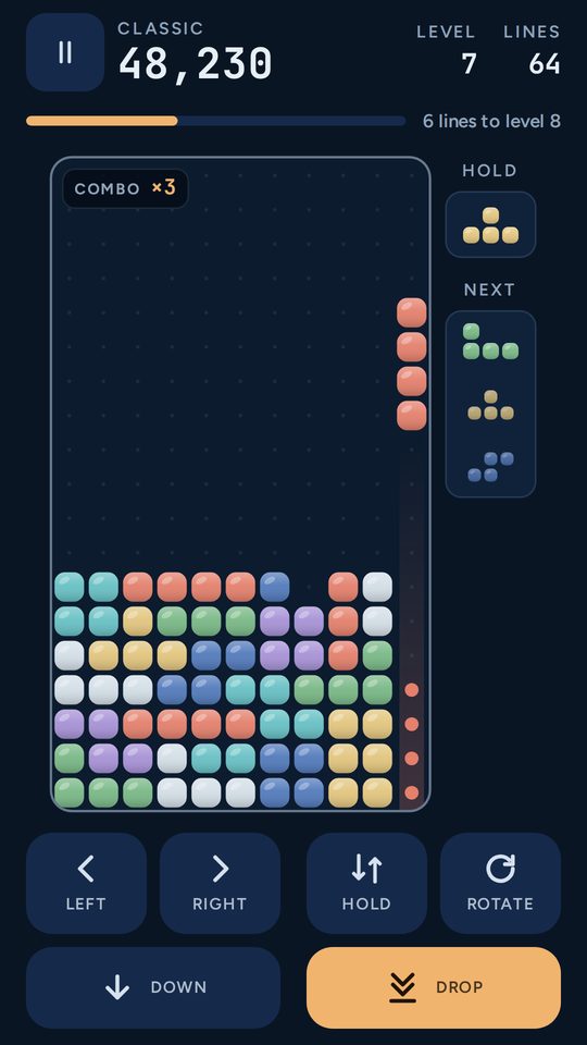 Classic mode in the Tide theme, with the hold and next pieces beside the board.