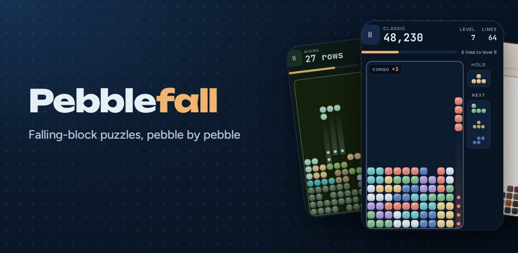Pebblefall: falling-block puzzles, pebble by pebble. Two phones show the Classic and Rising modes.